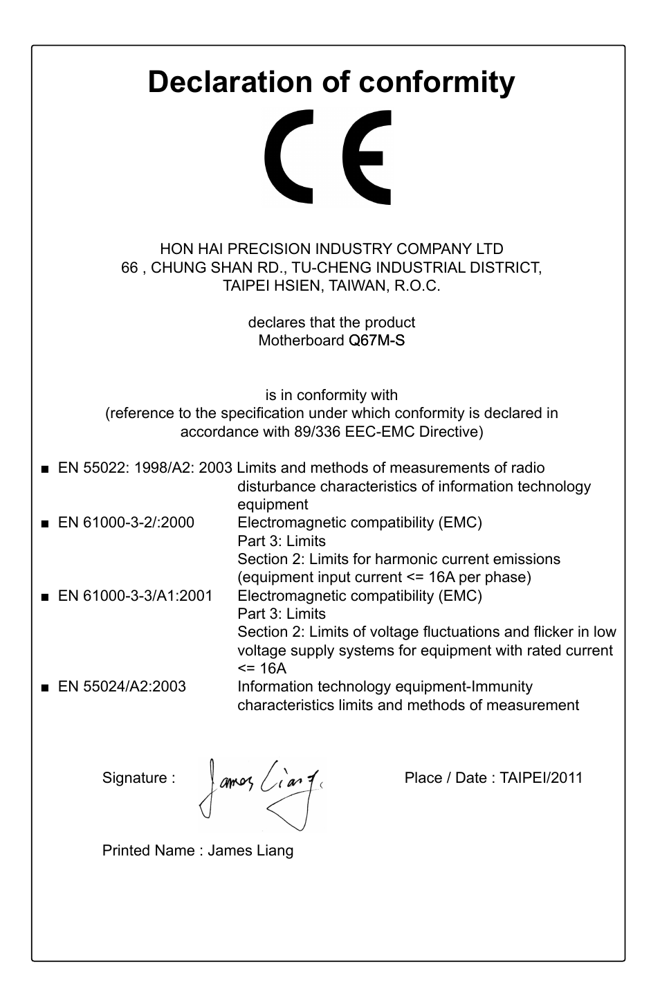 Declaration of conformity | Foxconn Q67M-S User Manual | Page 3 / 110