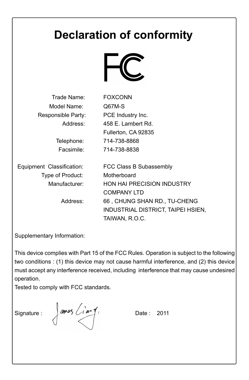 Declaration of conformity | Foxconn Q67M-S User Manual | Page 4 / 110