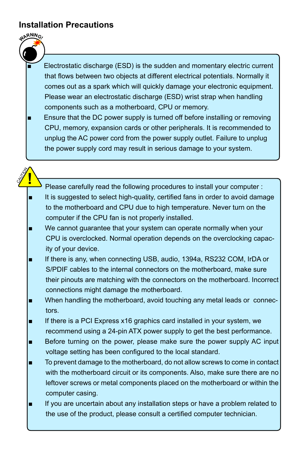 Installation precautions | Foxconn Q67M-S User Manual | Page 5 / 110