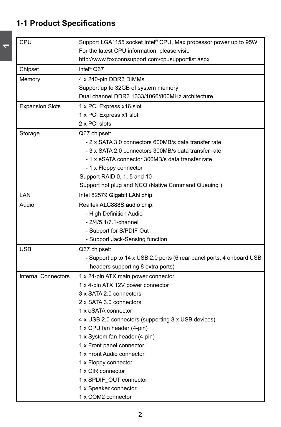 1 product specifications | Foxconn Q67M-S User Manual | Page 9 / 110