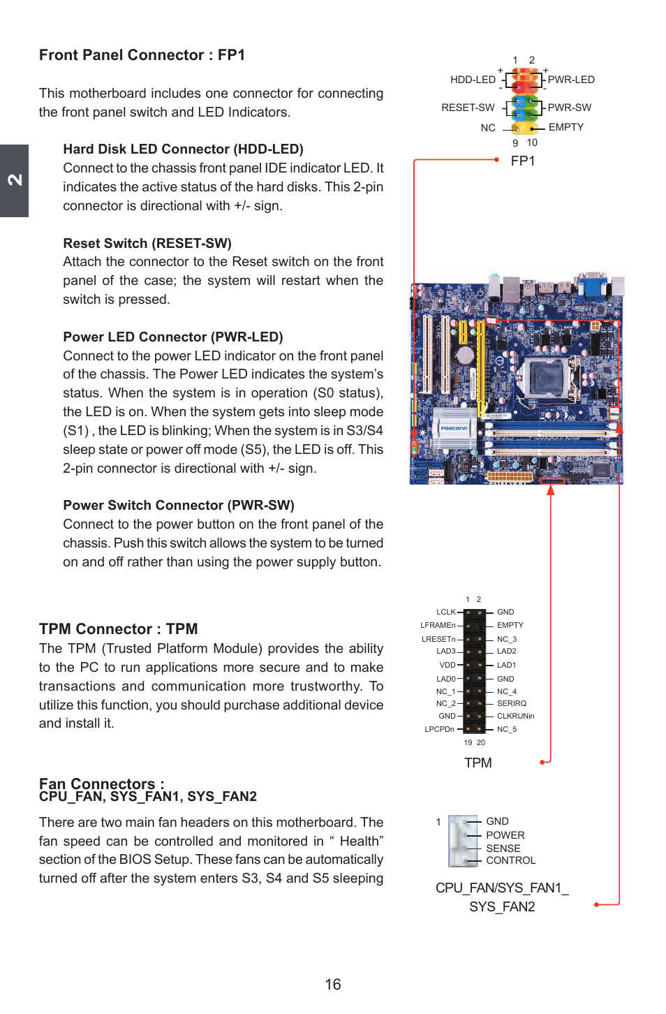 16 front panel connector : fp1, Tpm connector : tpm, Fan connectors | Foxconn Q77M User Manual | Page 23 / 107