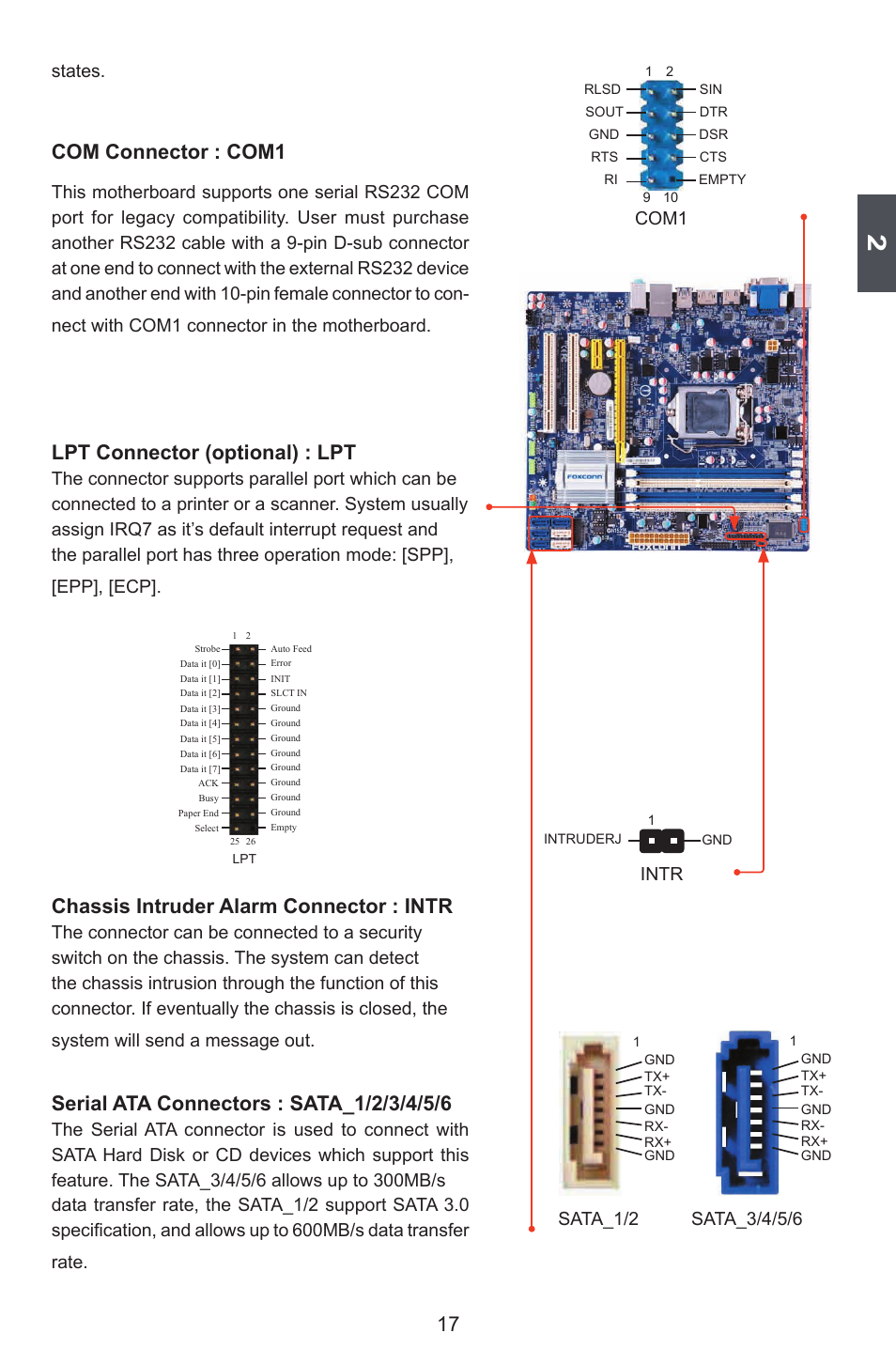 Com connector : com1, Lpt connector (optional) : lpt, Chassis intruder alarm connector : intr | States, Com1 intr | Foxconn Q77M User Manual | Page 24 / 107