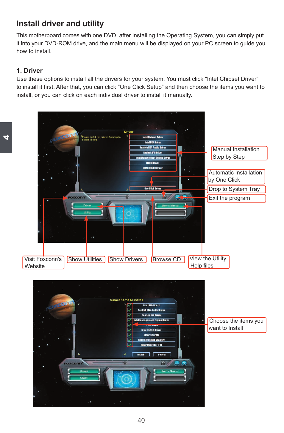 Install driver and utility | Foxconn Q77M User Manual | Page 47 / 107