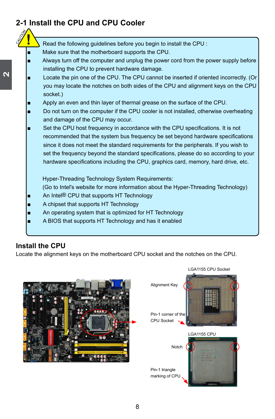 1 install the cpu and cpu cooler, Install the cpu | Foxconn Z68A-S User Manual | Page 15 / 129