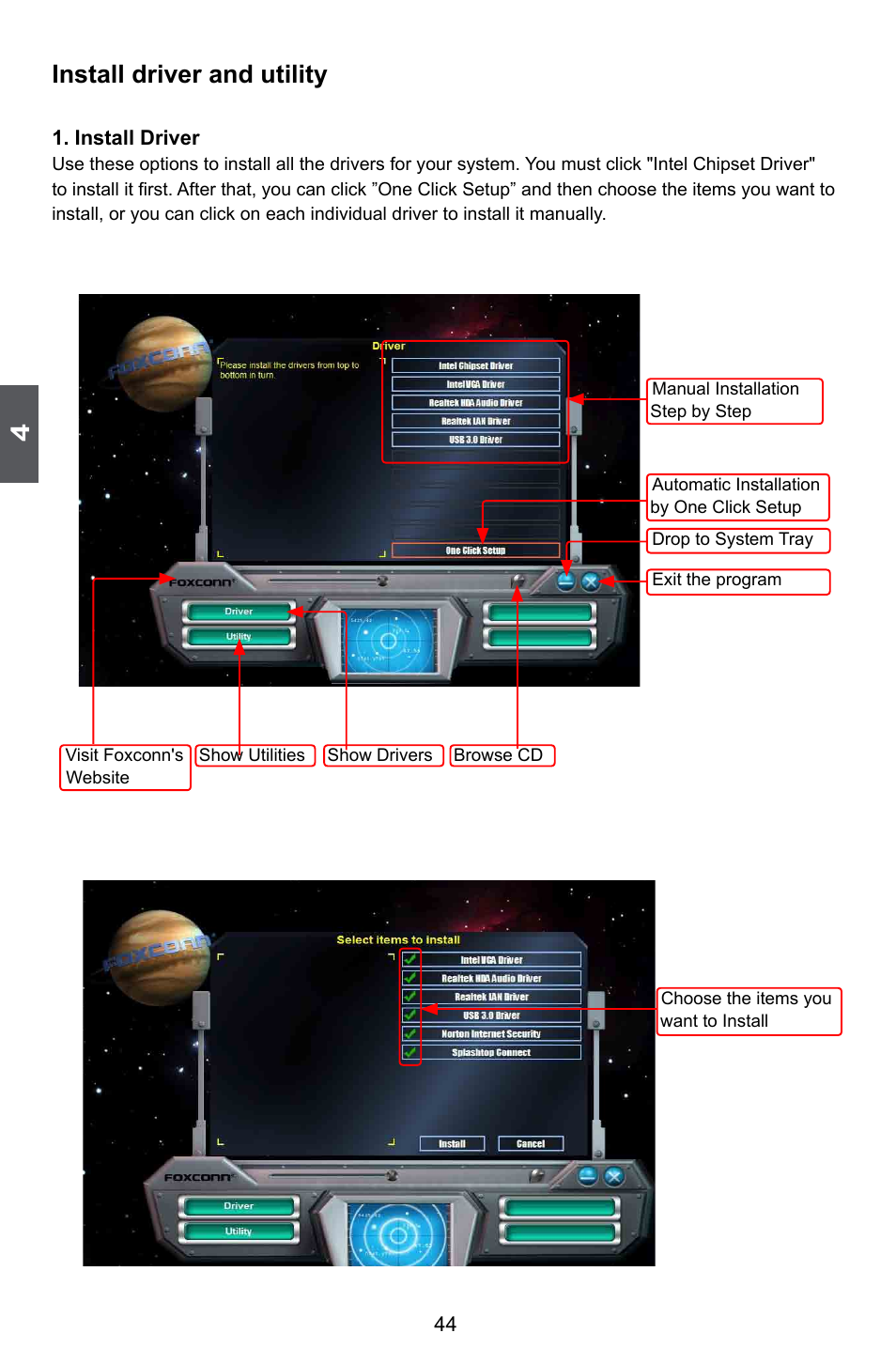 Install driver and utility | Foxconn Z68A-S User Manual | Page 51 / 129