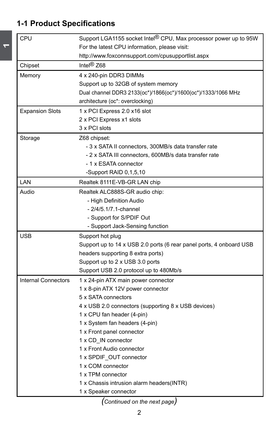 1 product specifications | Foxconn Z68A-S User Manual | Page 9 / 129