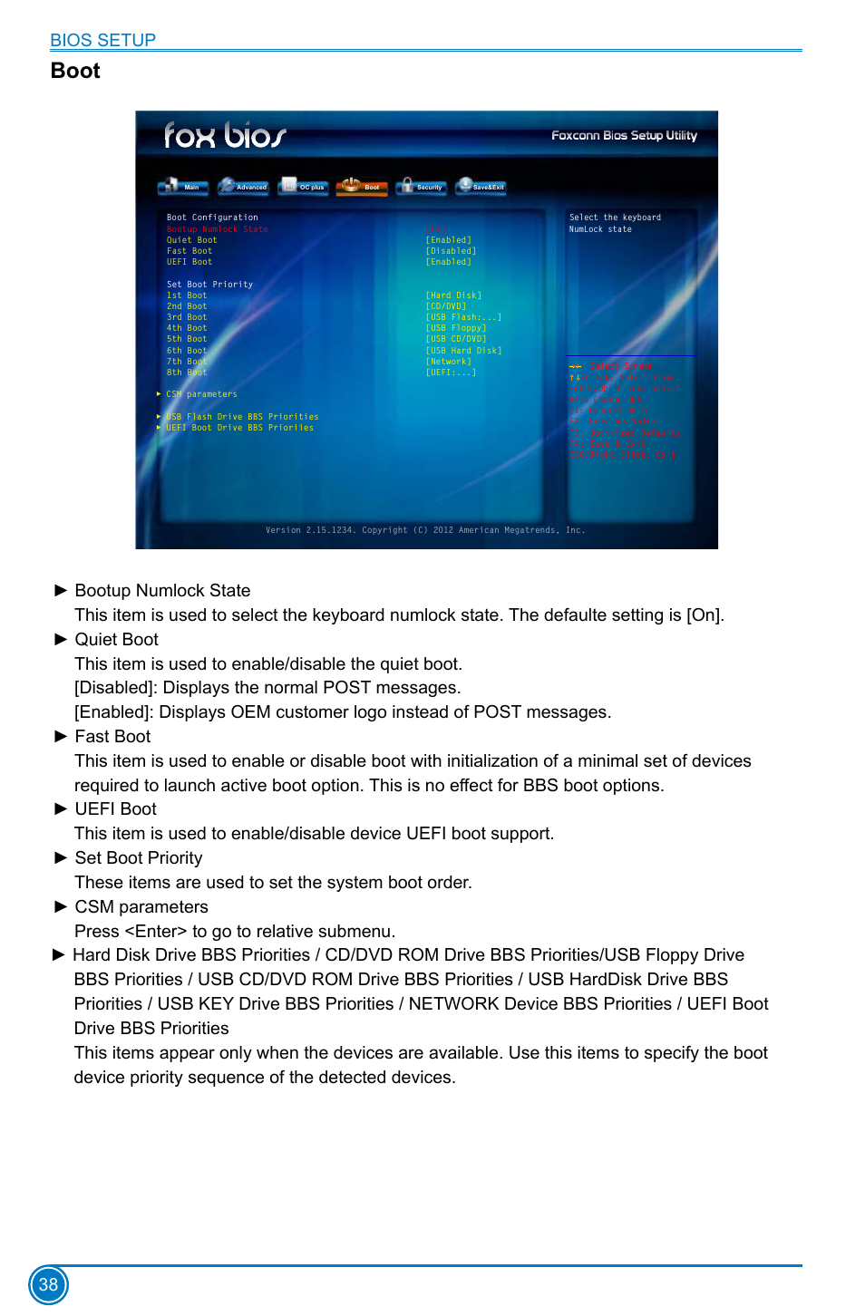 Boot, Bios setup 38 | Foxconn Z75M-S User Manual | Page 45 / 111