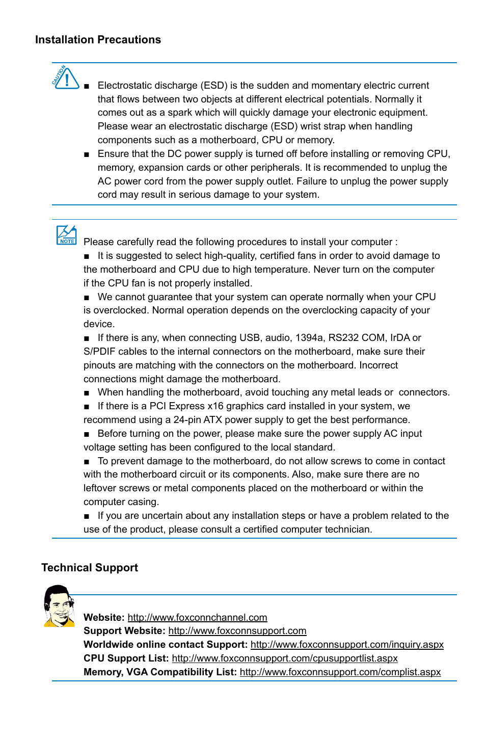 Installation precautions, Technical support | Foxconn Z75M-S User Manual | Page 5 / 111