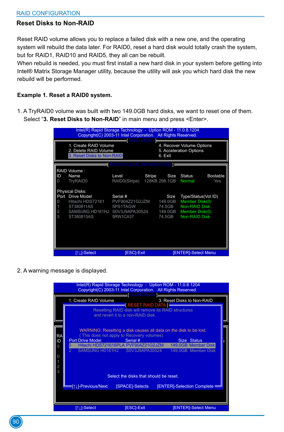 Reset disks to non-raid, Raid configuration 90, A warning message is displayed | Foxconn Z75M-S User Manual | Page 97 / 111
