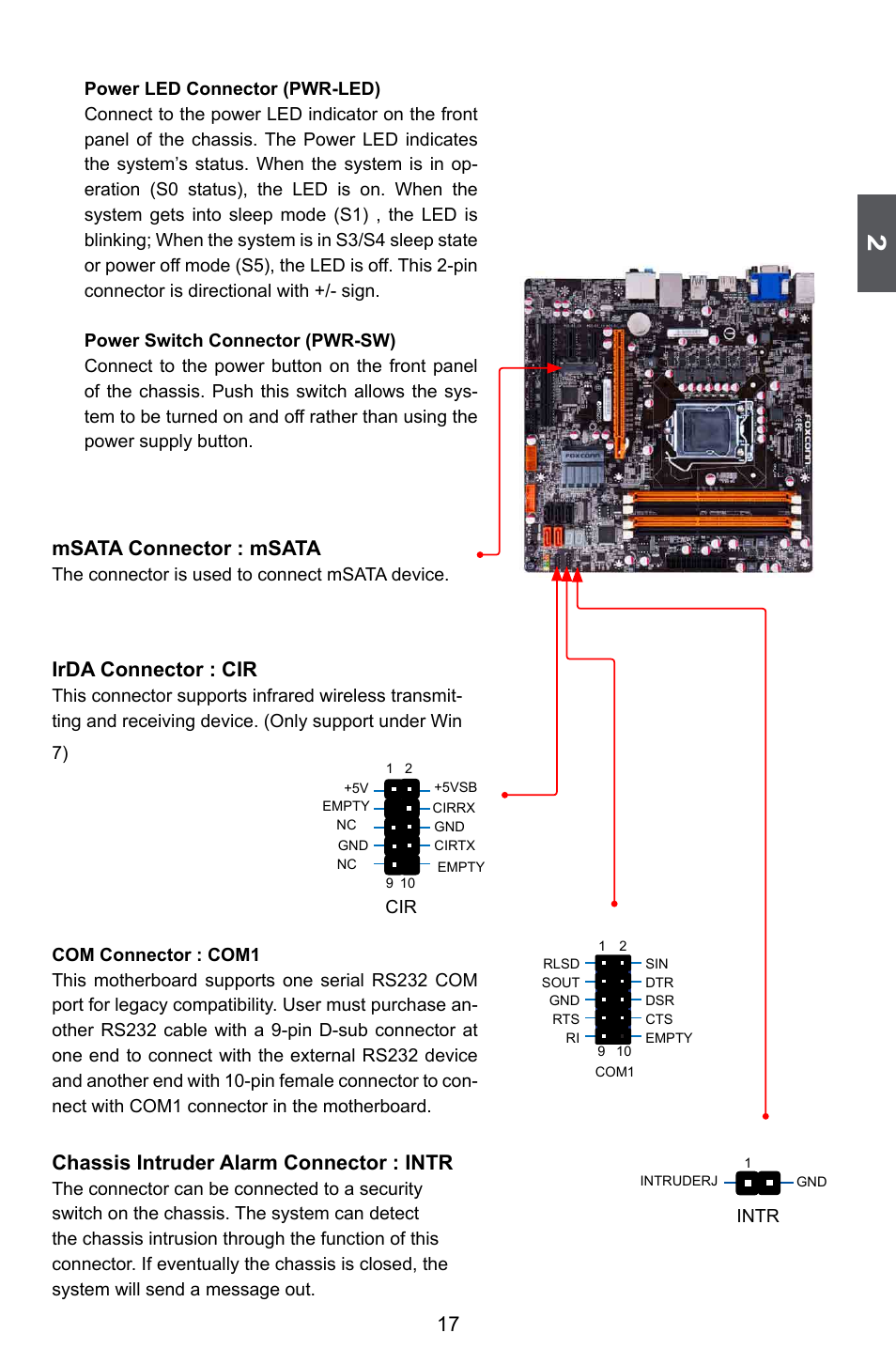 Msata connector : msata, Irda connector : cir, Chassis intruder alarm connector : intr | Foxconn Z75M-S User Manual | Page 24 / 110