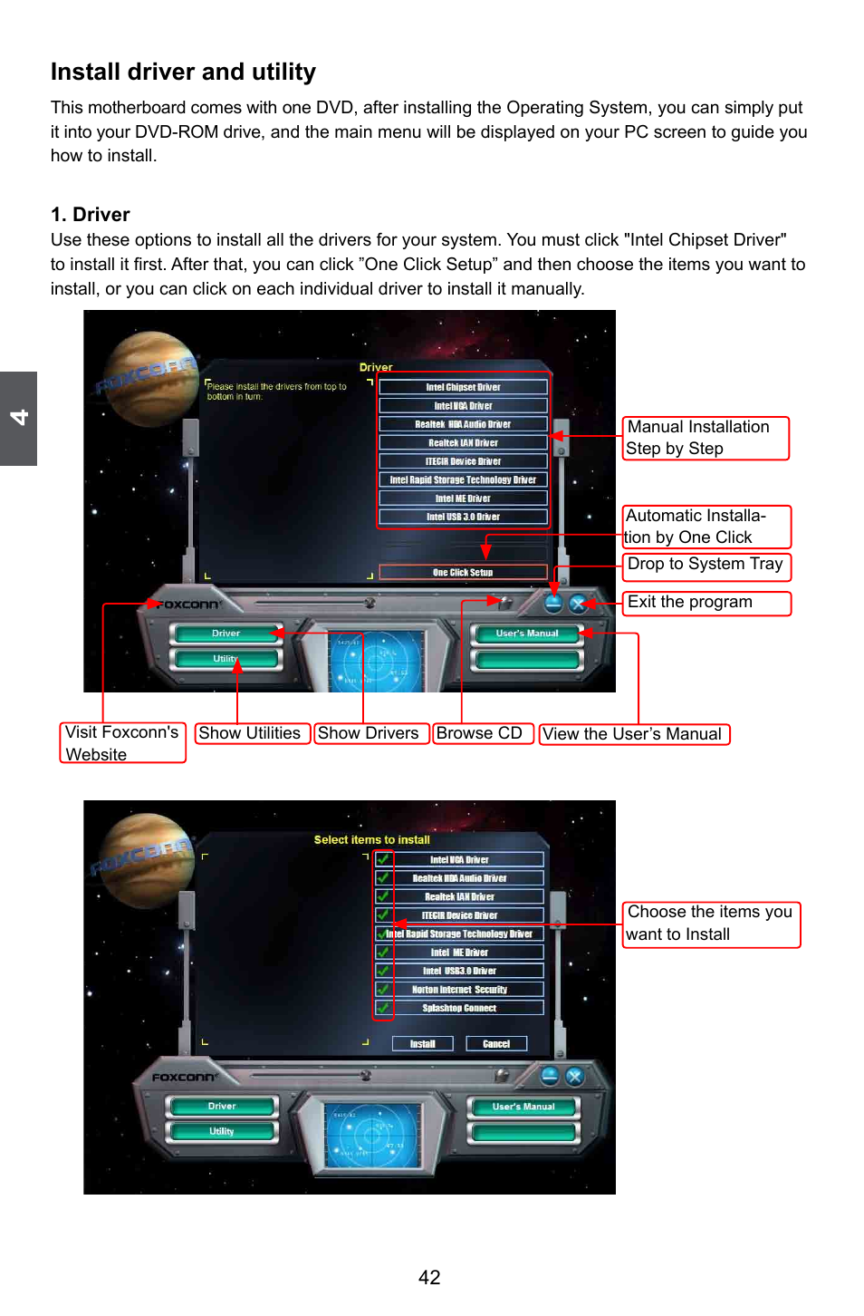 Install driver and utility | Foxconn Z75M-S User Manual | Page 49 / 110