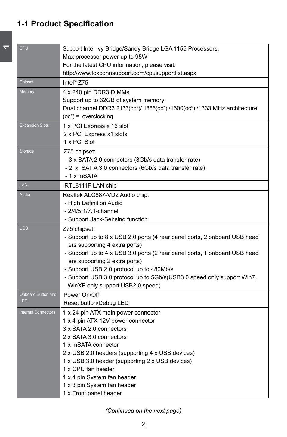 1 product specification | Foxconn Z75M-S User Manual | Page 9 / 110