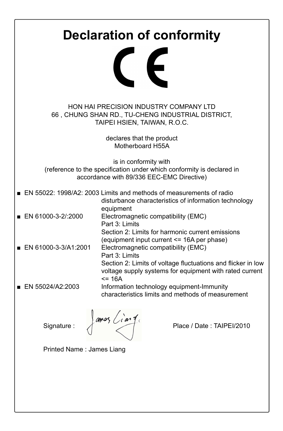 Declaration of conformity | Foxconn H55A User Manual | Page 3 / 73