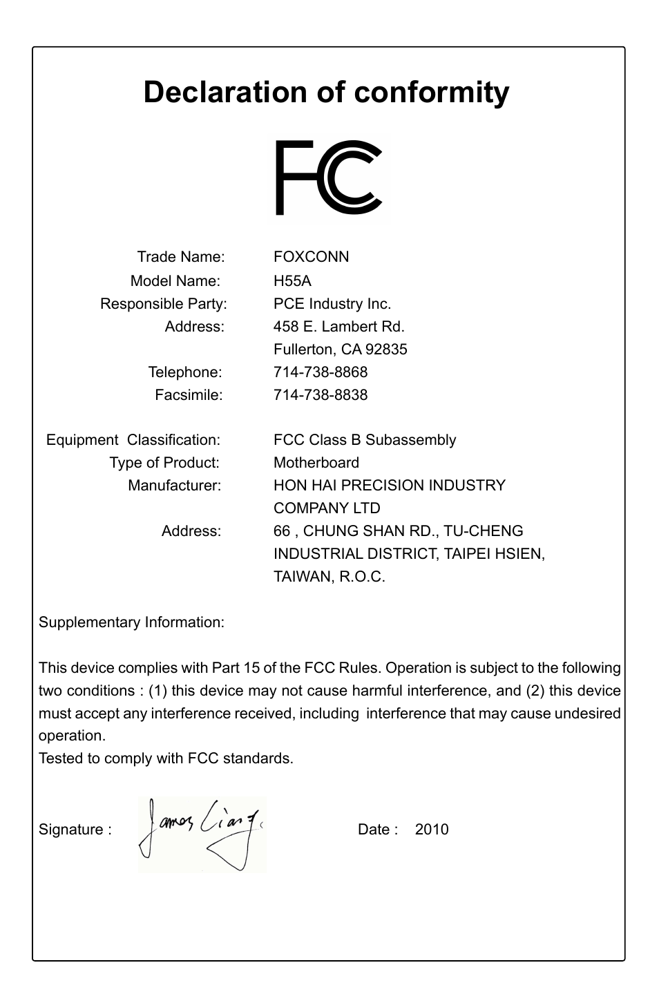 Declaration of conformity | Foxconn H55A User Manual | Page 4 / 73