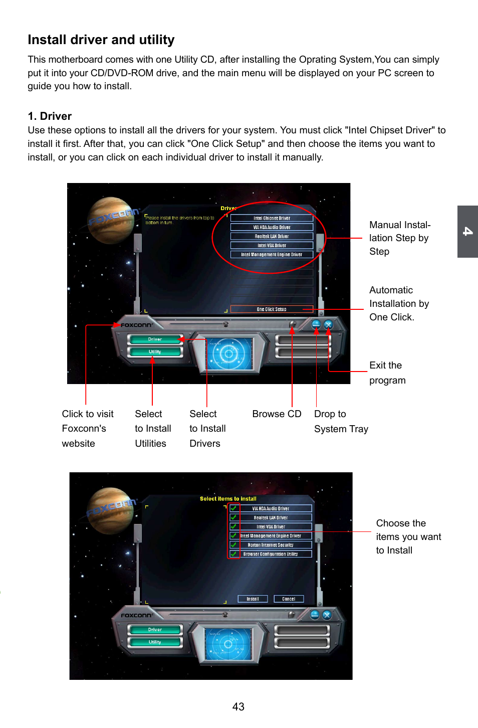 Install driver and utility | Foxconn H55A User Manual | Page 50 / 73