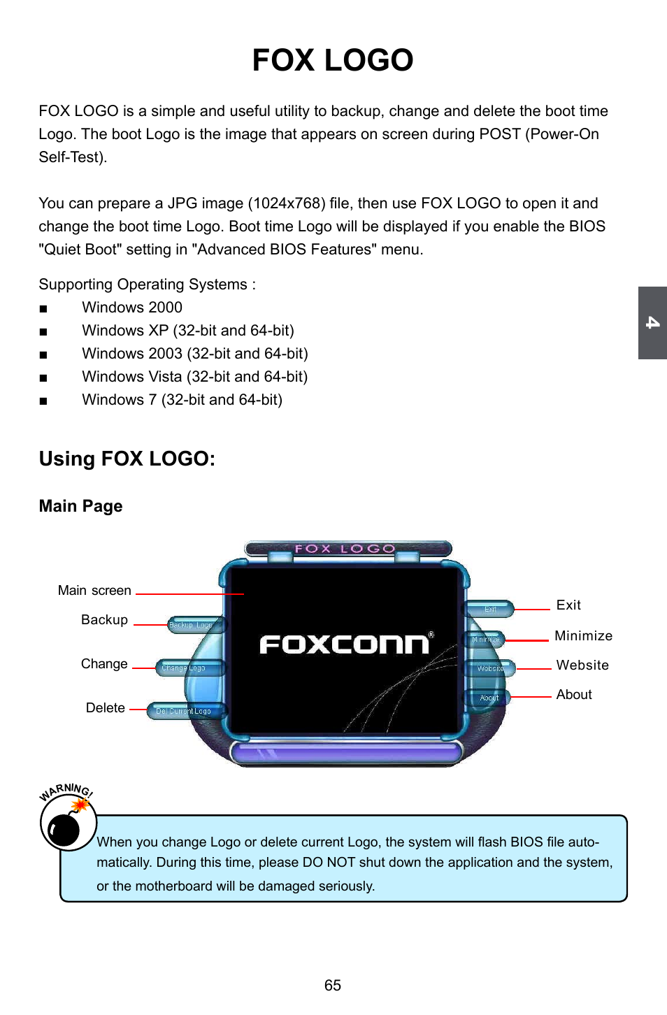 Fox logo, Using fox logo | Foxconn H55A User Manual | Page 72 / 73