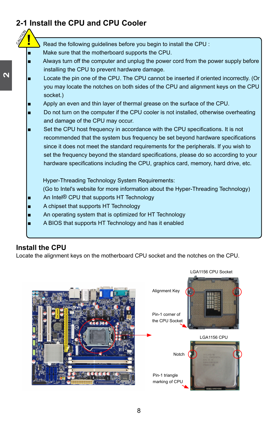 1 install the cpu and cpu cooler, Install the cpu | Foxconn H55M-S User Manual | Page 15 / 73