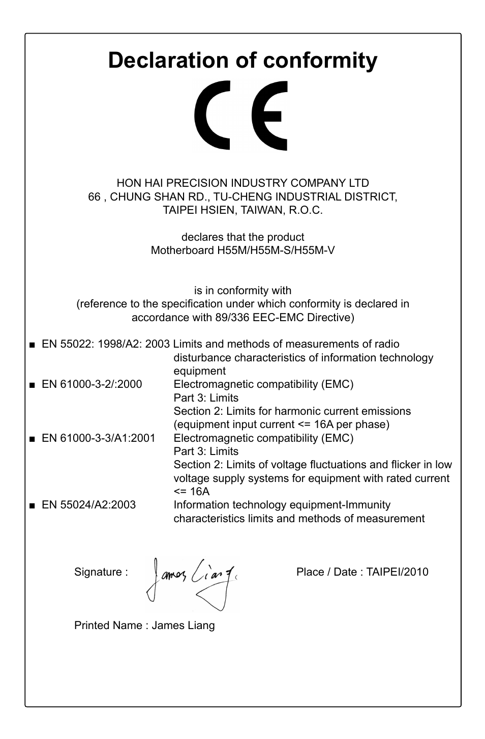 Declaration of conformity | Foxconn H55M-S User Manual | Page 3 / 73