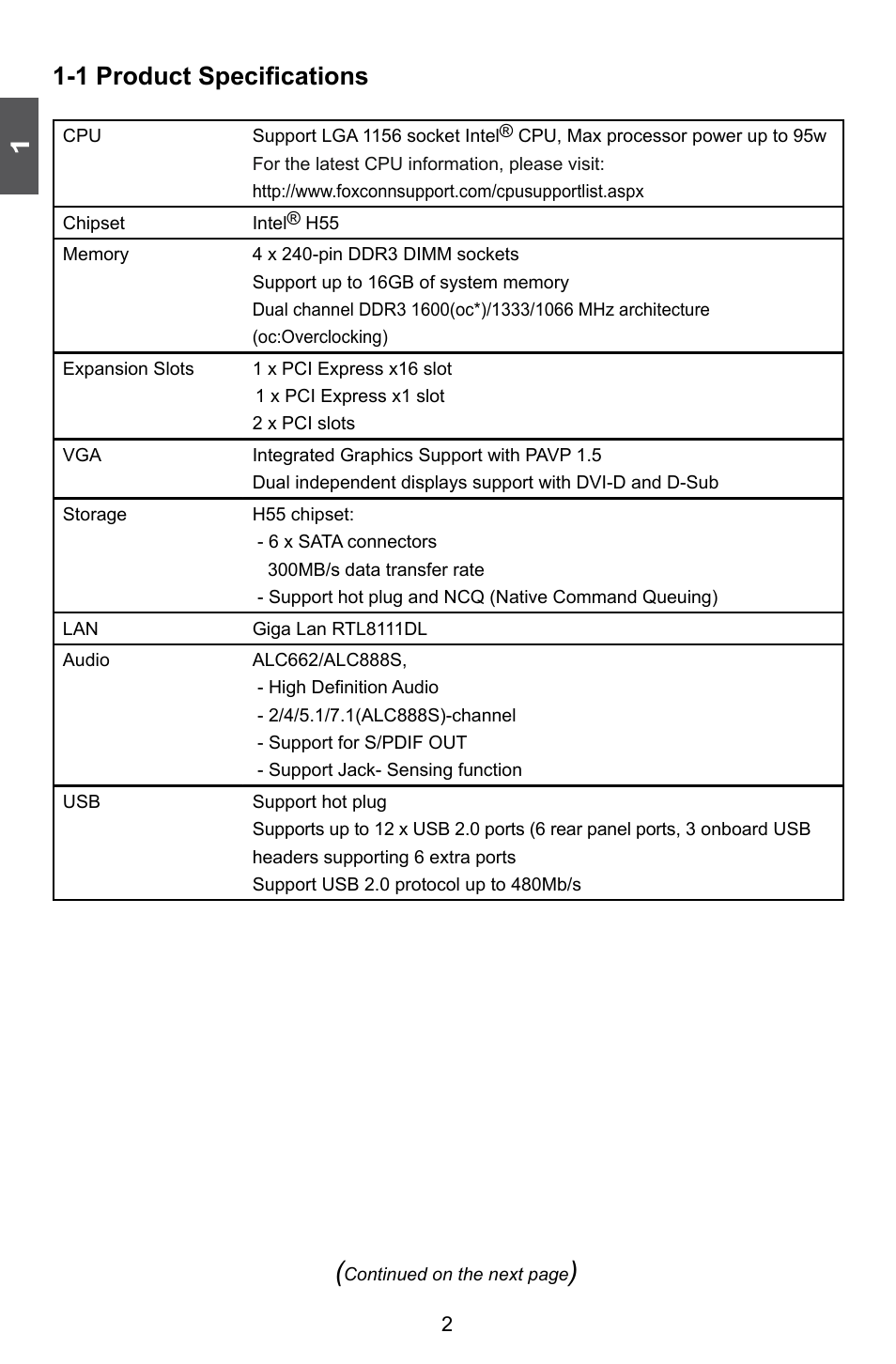 1 product specifications | Foxconn H55M-S User Manual | Page 9 / 73