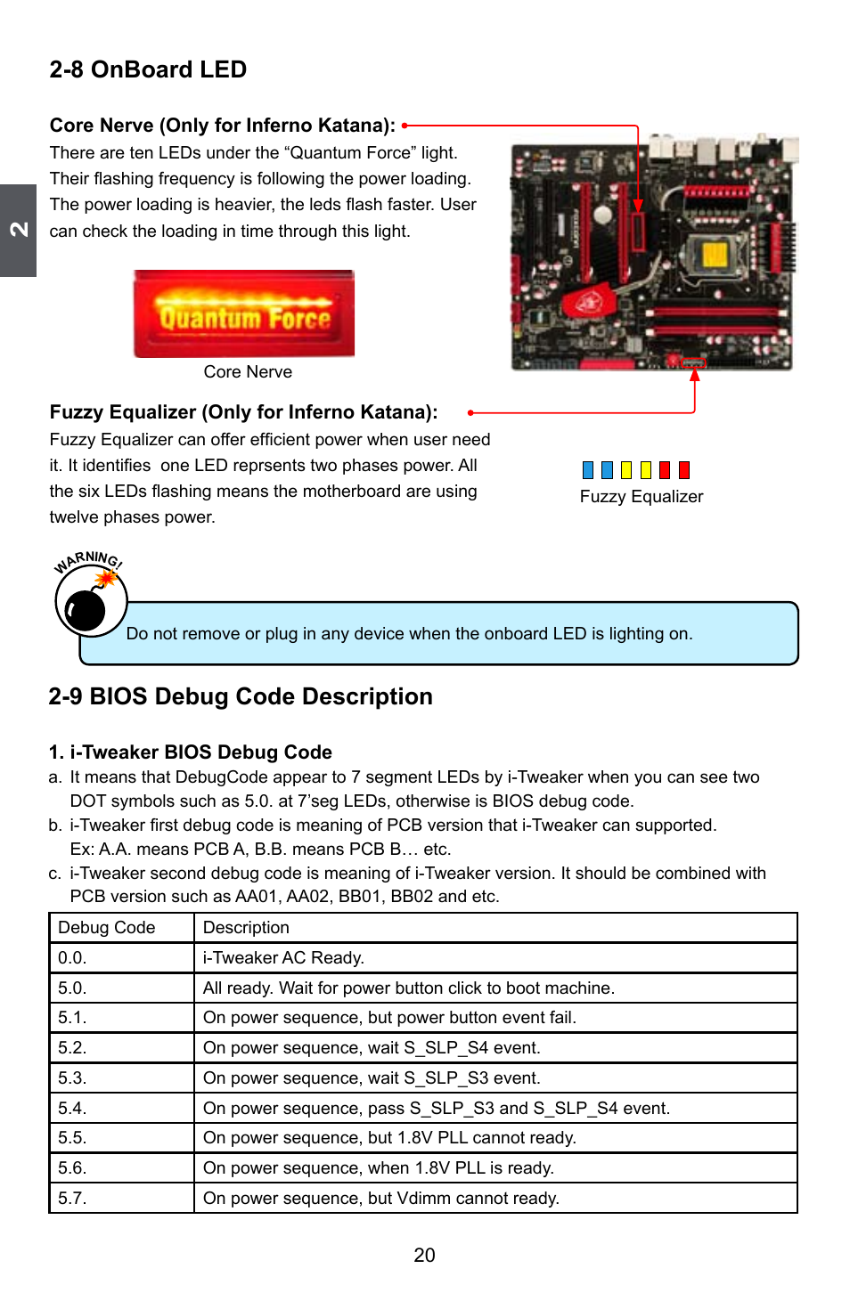 8 onboard led, 9 bios debug code description | Foxconn Inferno Katana User Manual | Page 27 / 124