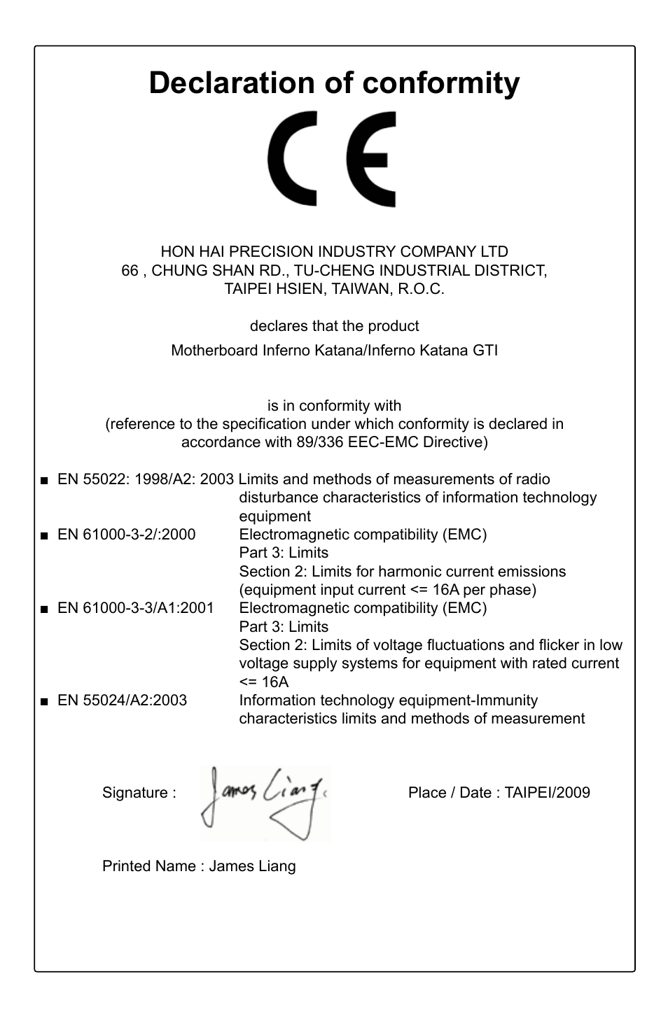 Declaration of conformity | Foxconn Inferno Katana User Manual | Page 3 / 124