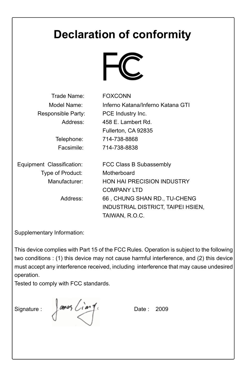 Declaration of conformity | Foxconn Inferno Katana User Manual | Page 4 / 124