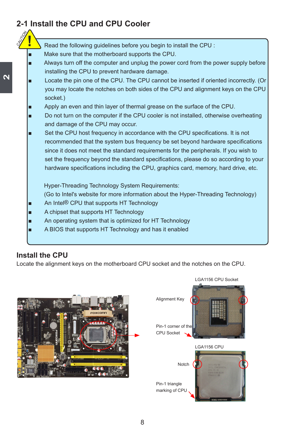 1 install the cpu and cpu cooler, Install the cpu | Foxconn P55A Series User Manual | Page 15 / 114