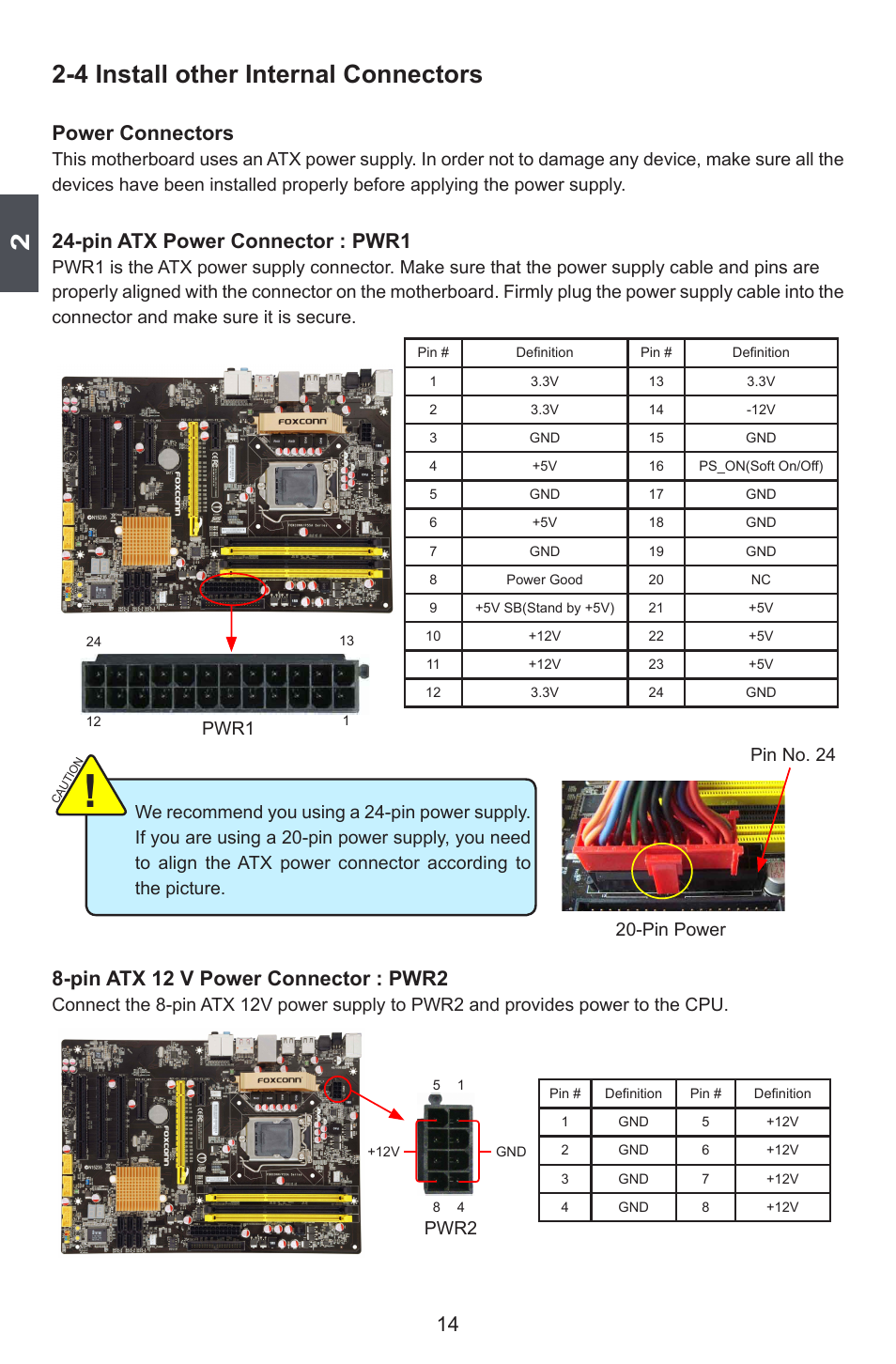 4 install other internal connectors, Power connectors, Pin atx power connector : pwr1 | Pin atx 12 v power connector : pwr2, Pin power pin no. 24, Pwr1, Pwr2 | Foxconn P55A Series User Manual | Page 21 / 114