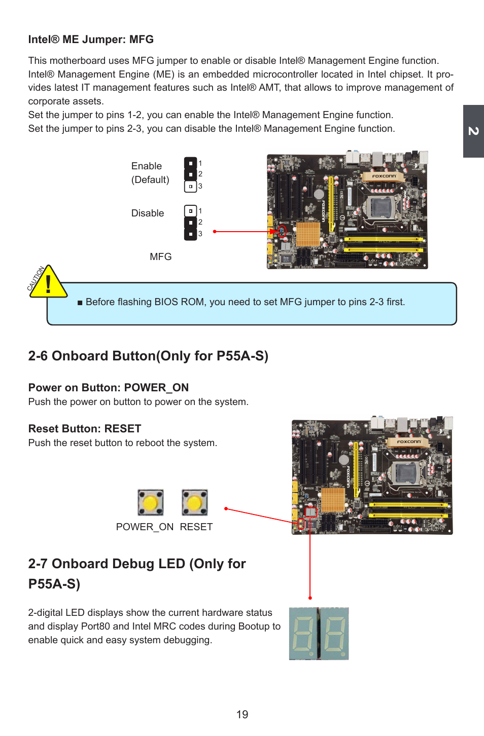 6 onboard button(only for p55a-s), 7 onboard debug led (only for p55a-s) | Foxconn P55A Series User Manual | Page 26 / 114