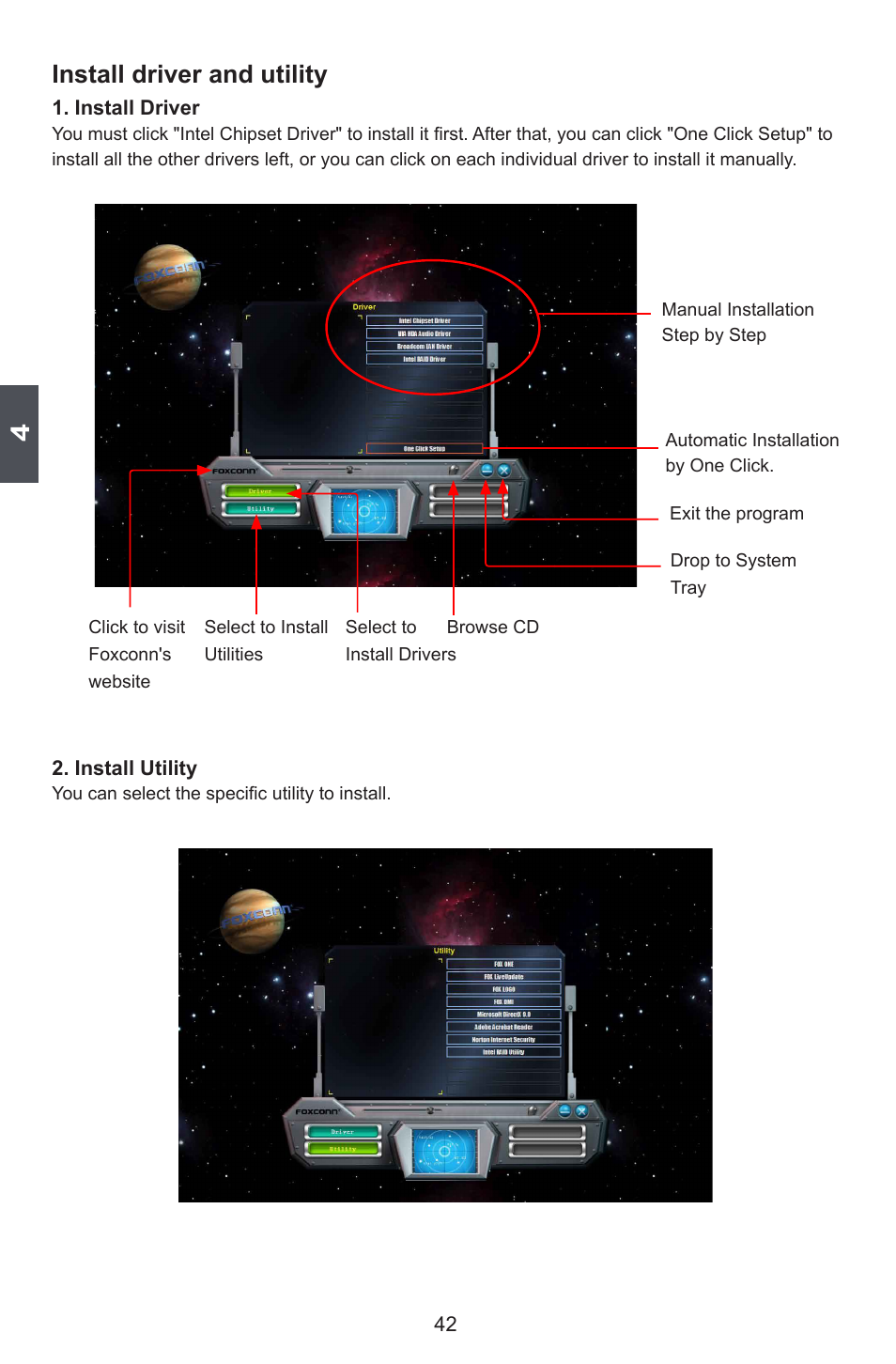 Install driver and utility | Foxconn P55A Series User Manual | Page 49 / 114