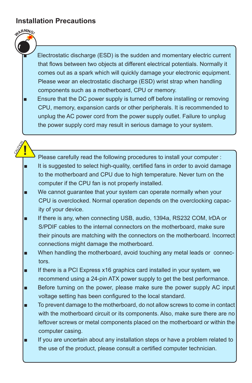 Installation precautions | Foxconn P55A Series User Manual | Page 5 / 114