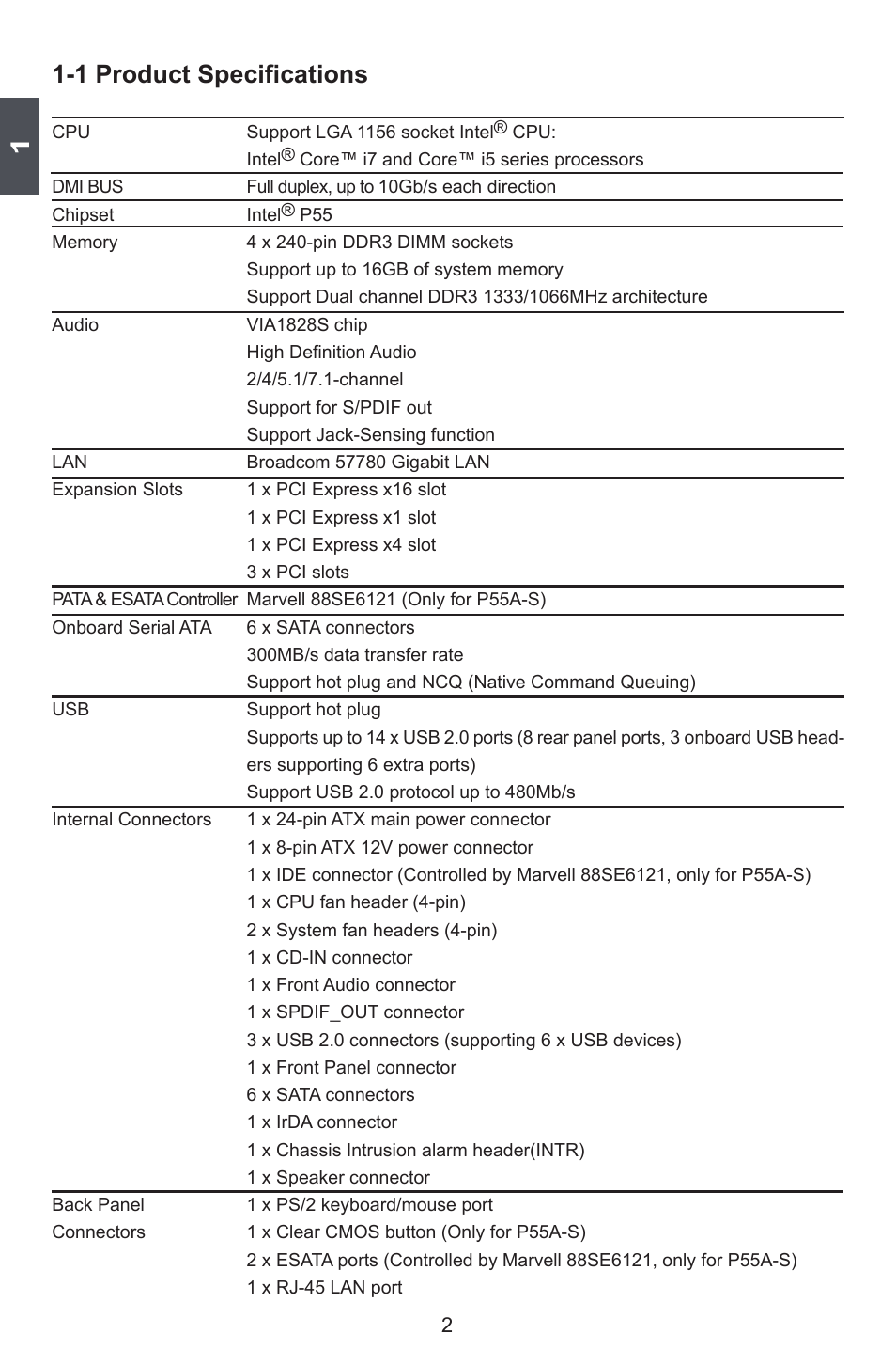 1 product specifications | Foxconn P55A Series User Manual | Page 9 / 114