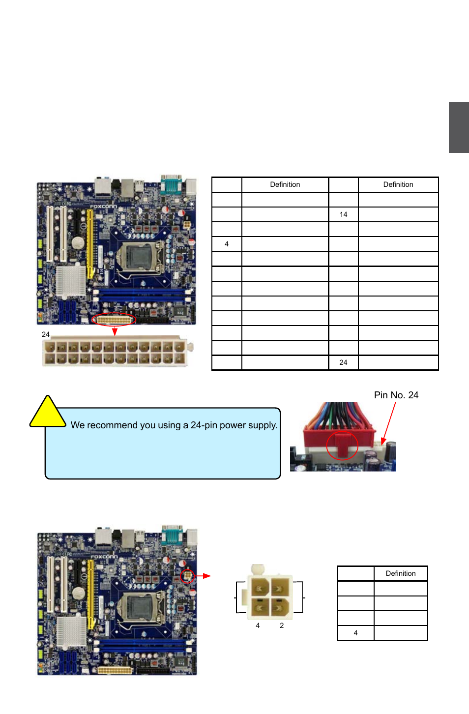 4 install other internal connectors, Power connectors, Pin atx power connector : pwr1 | Pin atx 12 v power connector : pwr2, Pin power pin no. 24, Pwr2 pwr1 | Foxconn P55MX User Manual | Page 20 / 111