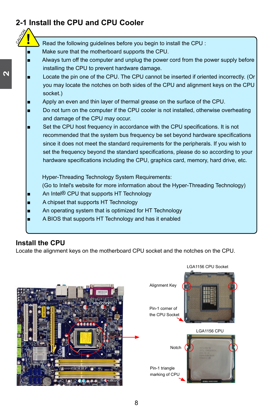 1 install the cpu and cpu cooler, Install the cpu | Foxconn Q57M User Manual | Page 15 / 113