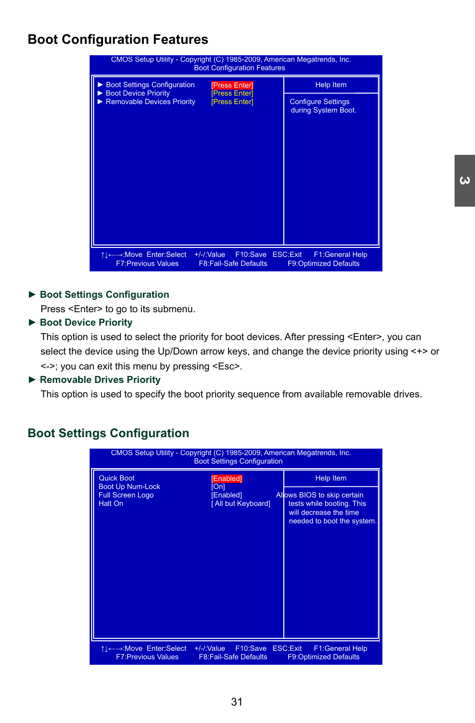 Boot configuration features, Boot settings configuration | Foxconn Q57M User Manual | Page 38 / 113