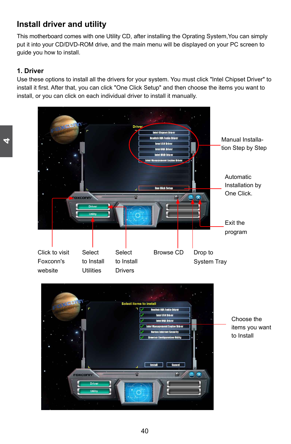 Install driver and utility | Foxconn Q57M User Manual | Page 47 / 113
