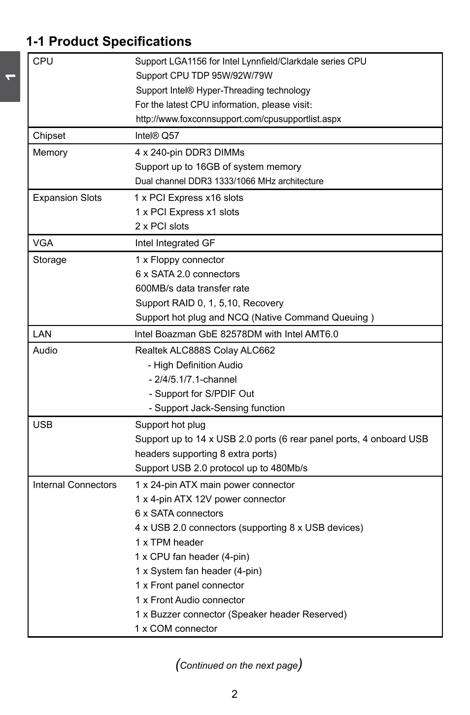1 product specifications | Foxconn Q57M User Manual | Page 9 / 113