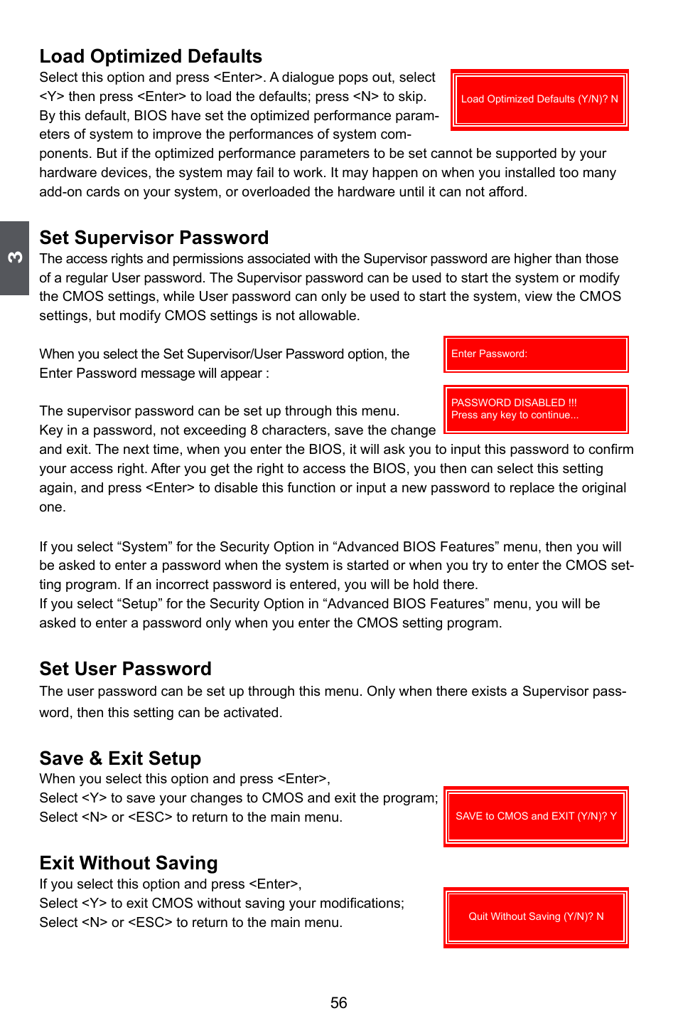 Load optimized defaults, Set supervisor password, Set user password | Save & exit setup, Exit without saving | Foxconn Bloodrage User Manual | Page 63 / 127
