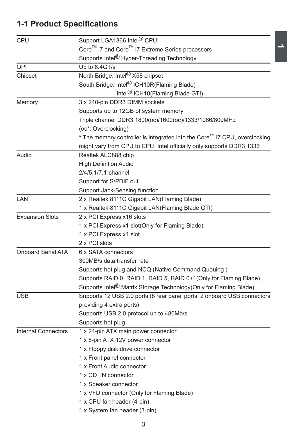 1 product specifications | Foxconn FlamingBlade User Manual | Page 10 / 122