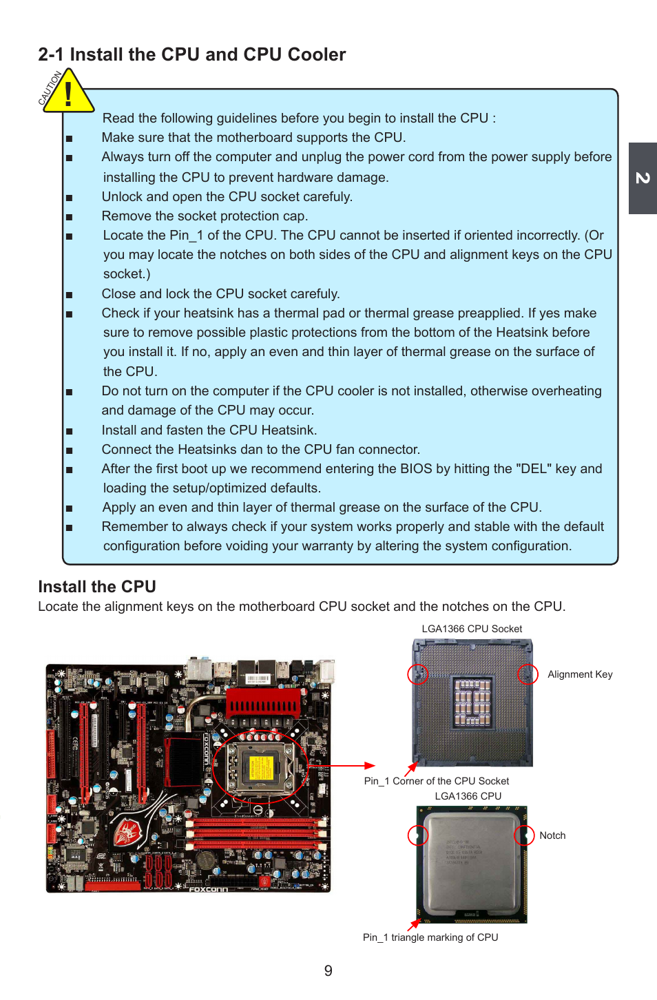 1 install the cpu and cpu cooler, Install the cpu | Foxconn FlamingBlade User Manual | Page 16 / 122