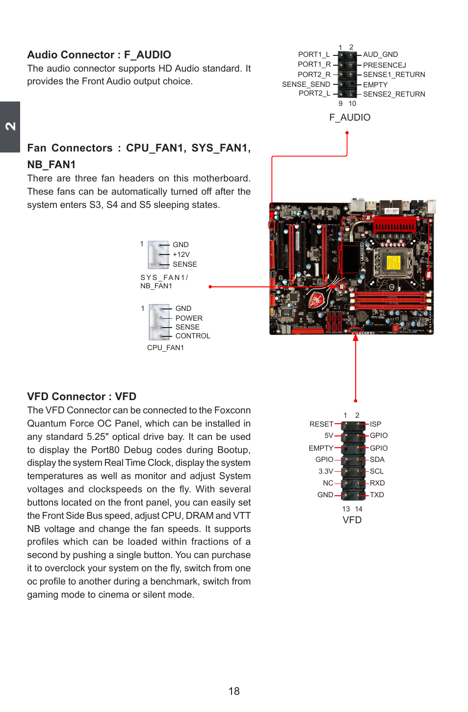 Audio connector : f_audio, Fan connectors : cpu_fan1, sys_fan1, nb_fan1, Vfd connector : vfd | F_audio | Foxconn FlamingBlade User Manual | Page 25 / 122