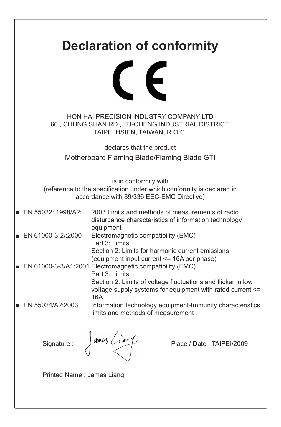 Declaration of conformity | Foxconn FlamingBlade User Manual | Page 3 / 122