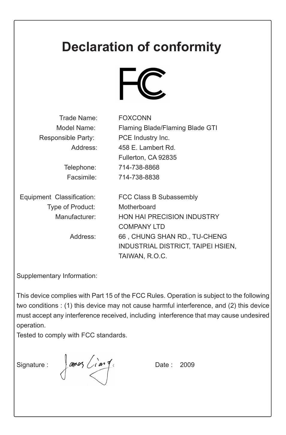 Declaration of conformity | Foxconn FlamingBlade User Manual | Page 4 / 122