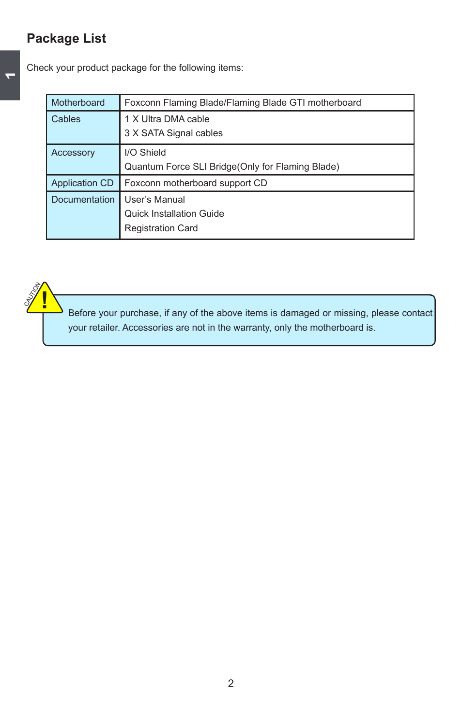 Package list | Foxconn FlamingBlade User Manual | Page 9 / 122