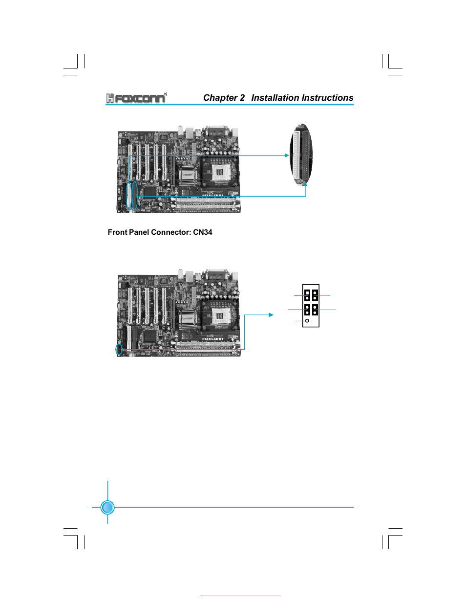 Chapter 2 installation instructions, Front panel connector: cn34, Hdd-led connector | Reset switch, Pwr-led indicator | Foxconn 865A05-G-6ELS User Manual | Page 20 / 88