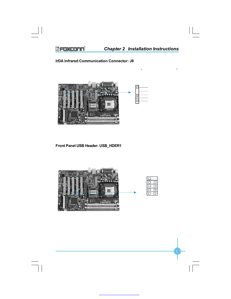 Chapter 2 installation instructions, Irda infrared communication connector: j8, Front panel usb header: usb_hder1 | Foxconn 865A05-G-6ELS User Manual | Page 21 / 88