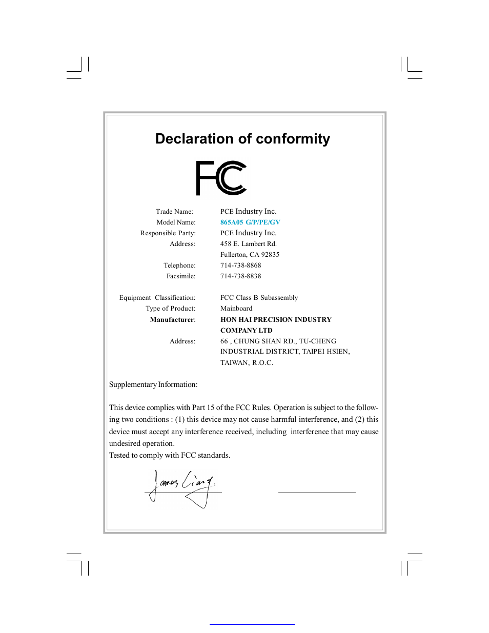 Declaration of conformity | Foxconn 865A05-G-6ELS User Manual | Page 3 / 88