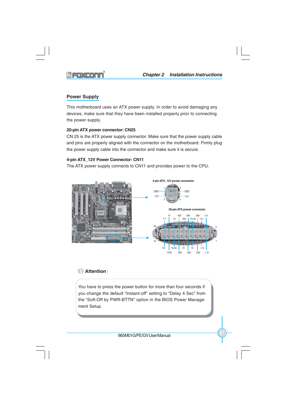 Chapter 2 installation instructions, Power supply, Attention | Foxconn 865M01-G-6ELS User Manual | Page 29 / 111