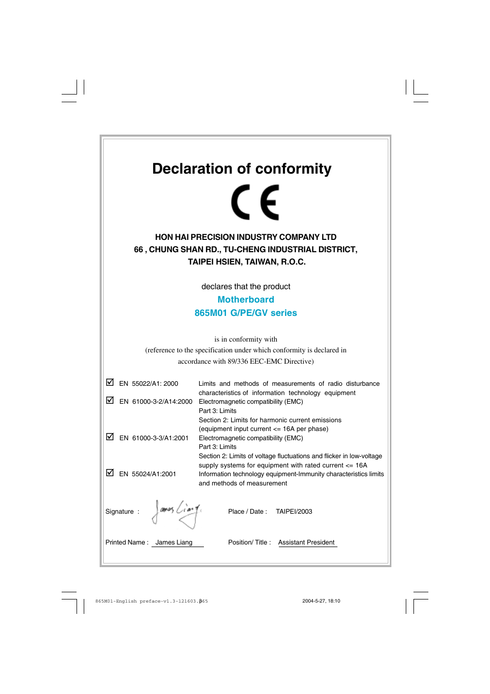 Declaration of conformity | Foxconn 865M01-G-6ELS User Manual | Page 3 / 111