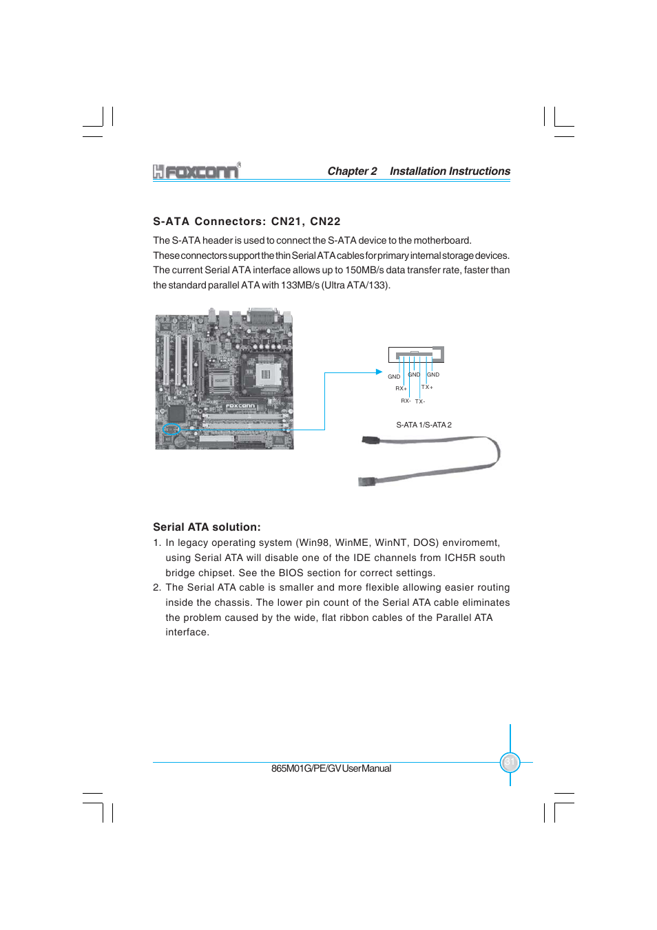 Chapter 2 installation instructions, S-ata connectors: cn21, cn22, Serial ata solution | Foxconn 865M01-G-6ELS User Manual | Page 39 / 111